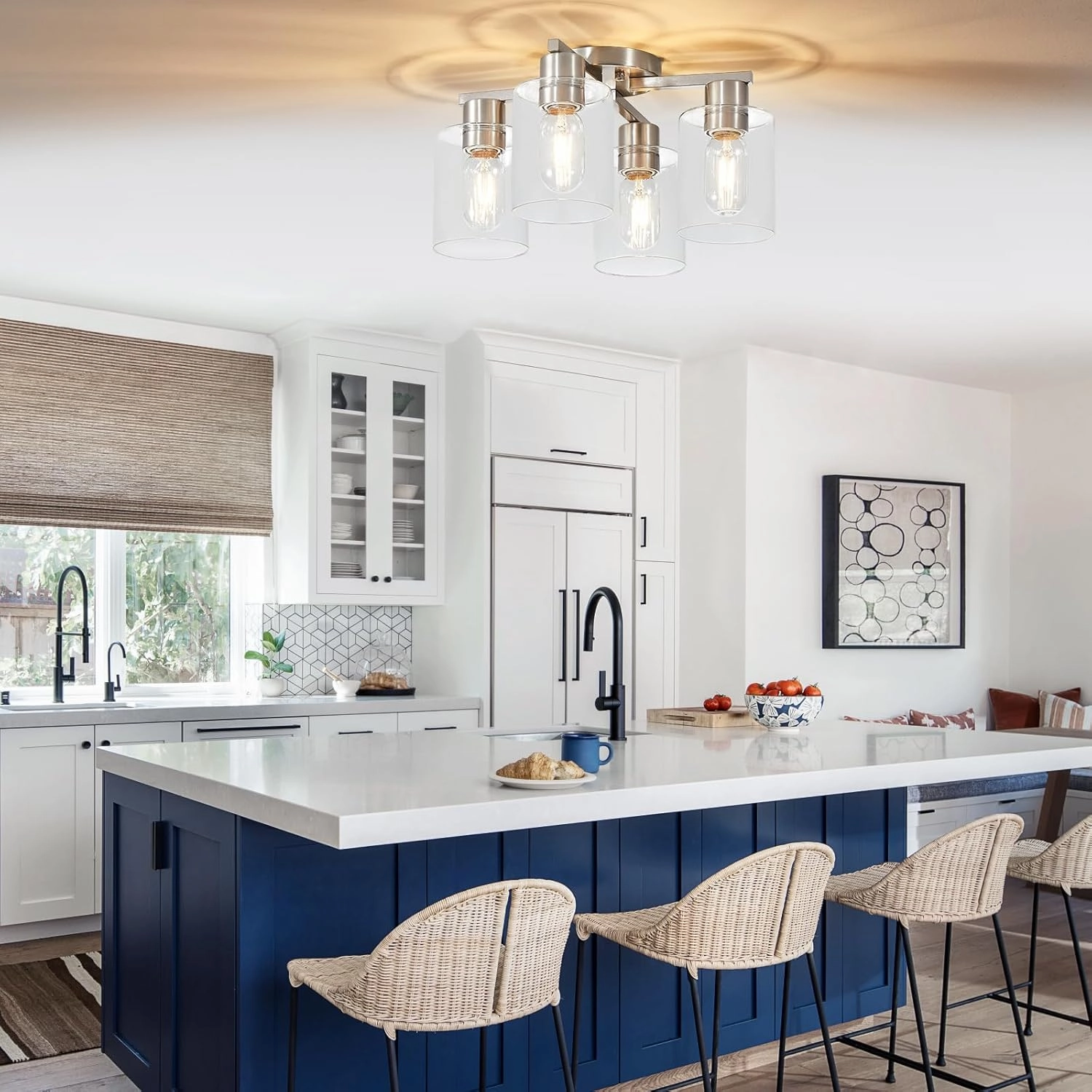 YYT Kitchen Lighting Fixtures Ceiling, Semi Flush Mount Ceiling Light, Brushed Nickel Cieling Lights Fixture, 4 Light Kitchen Light fixtures with Glass Shade for Bedroom Dining Room