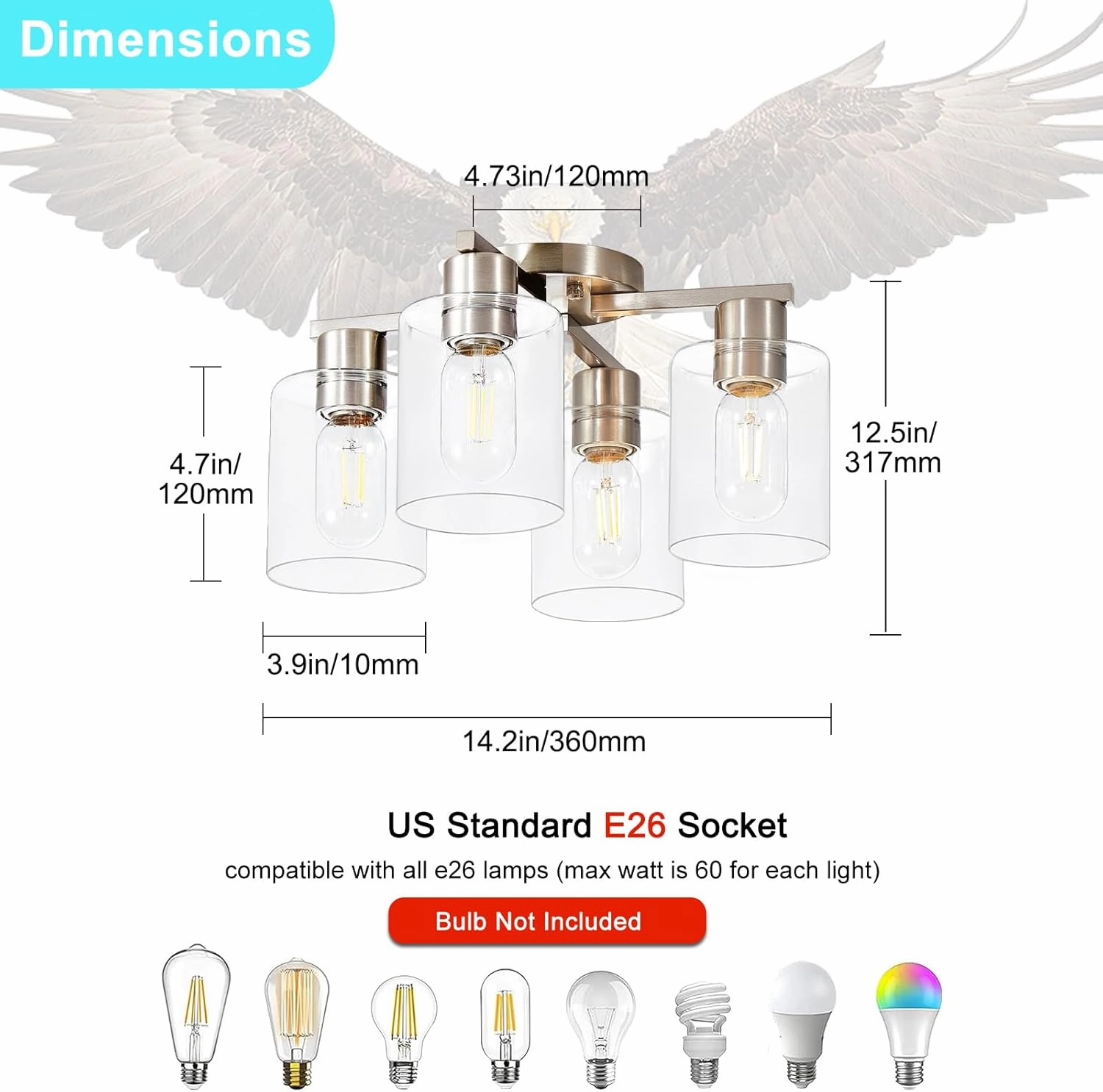 YYT Kitchen Lighting Fixtures Ceiling, Semi Flush Mount Ceiling Light, Brushed Nickel Cieling Lights Fixture, 4 Light Kitchen Light fixtures with Glass Shade for Bedroom Dining Room