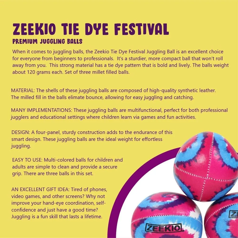 Zeekio - Tie Dye Festival Juggling Ball - Professional Grade - Suitable for All Levels & Ages - Synthetic Leather Ball Durable - 120 Grams - Pack of 3 - Red/Blue/Yellow Swirl