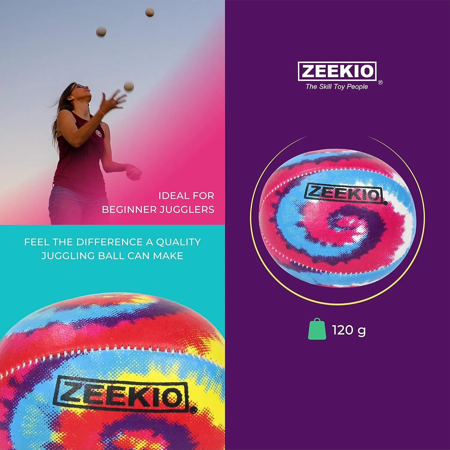 Zeekio - Tie Dye Festival Juggling Ball - Professional Grade - Suitable for All Levels & Ages - Synthetic Leather Ball Durable - 120 Grams - Pack of 3 - Red/Blue/Yellow Swirl