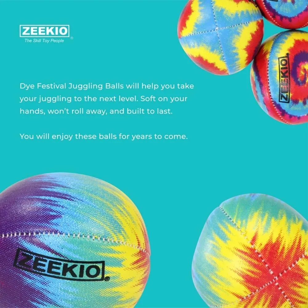 Zeekio - Tie Dye Festival Juggling Ball - Professional Grade - Suitable for All Levels & Ages - Synthetic Leather Ball Durable - 120 Grams - Pack of 3 - Red/Blue/Yellow Swirl