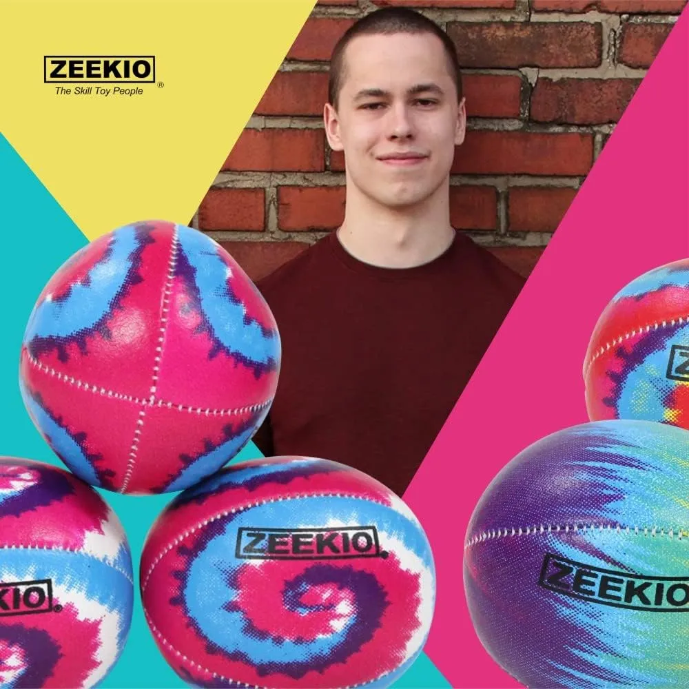 Zeekio - Tie Dye Festival Juggling Ball - Professional Grade - Suitable for All Levels & Ages - Synthetic Leather Ball Durable - 120 Grams - Pack of 3 - Red/Blue/Yellow Swirl