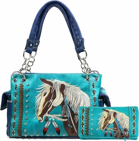 Zelris Dakota Dales Pony Horse Embroidery Mane Western Country Women Conceal Carry CCW Shoulder Handbag Purse with Wallet Set