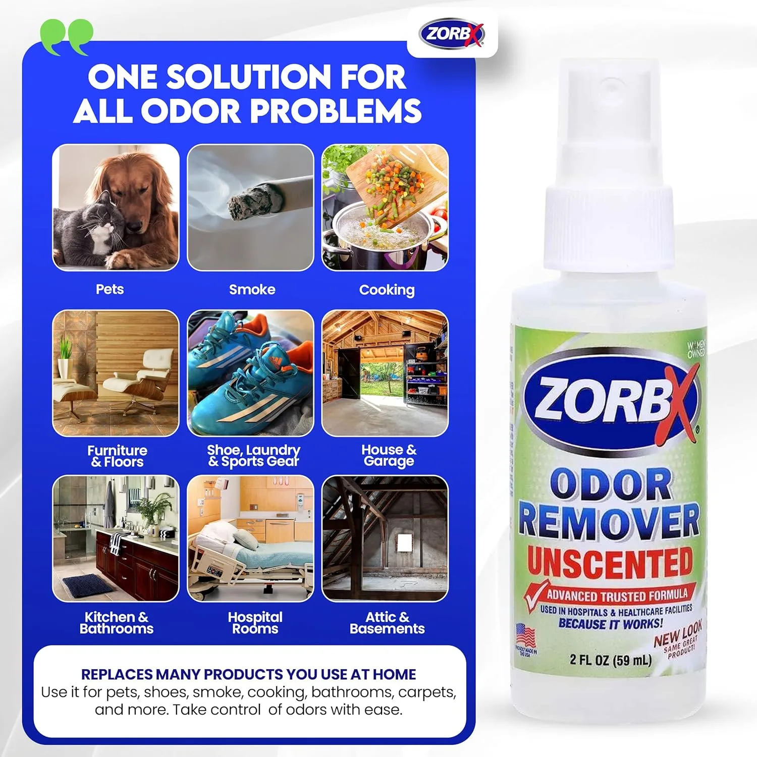 ZORBX Unscented Odor Eliminator for Strong Odor 2 Fl Oz Pack of 5 - Used in Hospitals & Healthcare Facilities - Advanced Formula, Fast-Acting Odor Remover Spray for Dog, Cat, House & Carpet