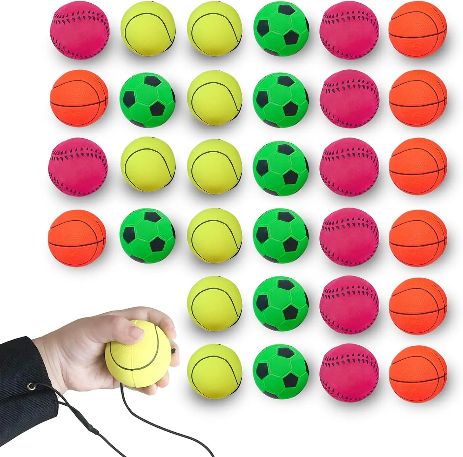 ZUYEE 4/8/16/32 Pack Wrist Return Ball 1.85 Inch Sports Wrist Balls On A String Rubber Rebound Balls (Basketball, Baseball, Soccer) Wristband Toy for Children Kids Gift Exercise or Play